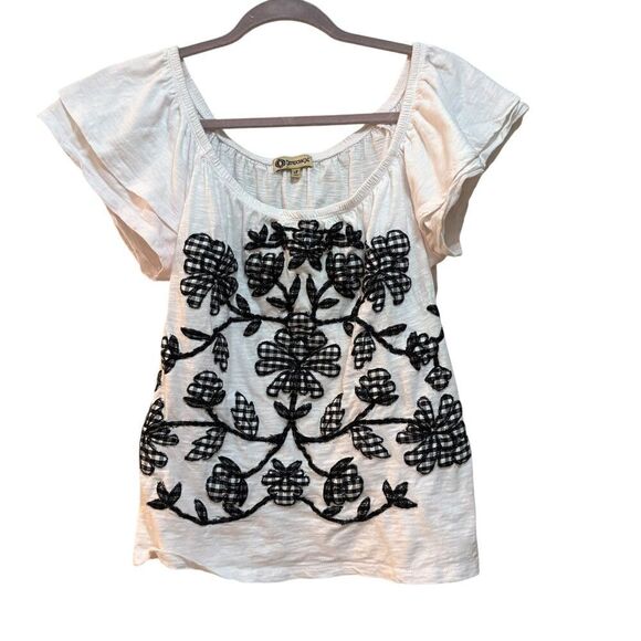 Democracy Shirt Womens Small Embroidered Floral Boho Short Sleeve Top - Picture 1 of 7